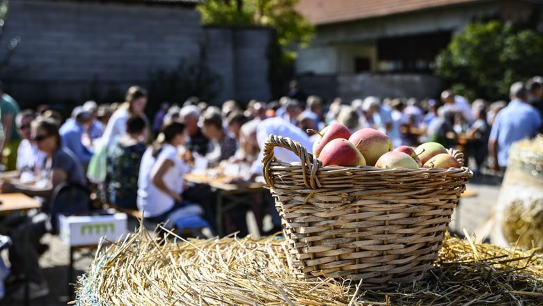 Im Vordergrund steht ein Apfelkorb, während im Hintergrund Menschen ihre Heurigen-Jause genießen.